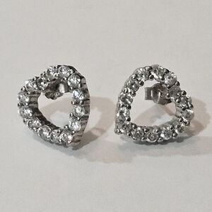 Vintage Sterling Silver Crystals Heart Stud Earrings 70s Retro Preppy Wedding